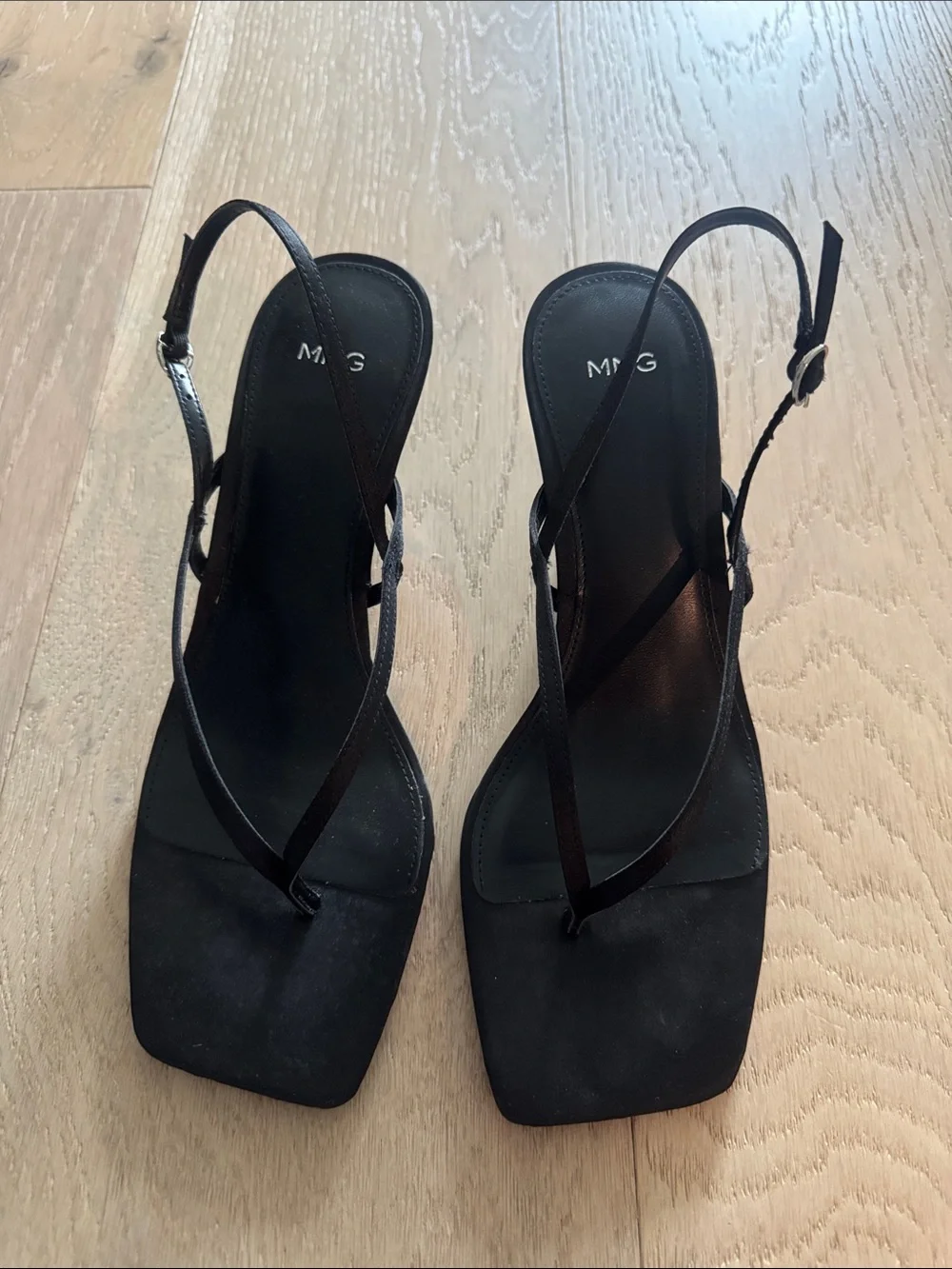 Mango Black Square-Toe Strappy Slingback Heels